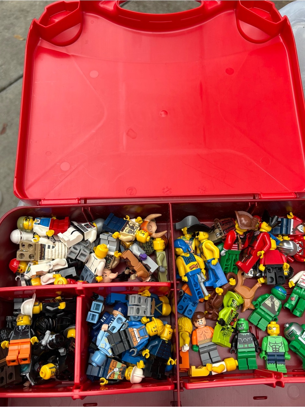 Lego Assorted Mini Figures in case + Bin of assorted Lego with all the manuals